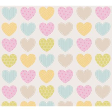 papel pintado corazones rosa, azul y amarillo de A.S. Création